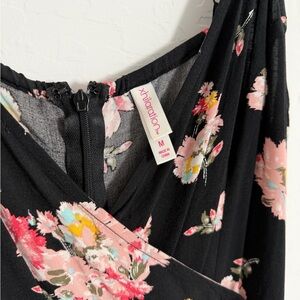 Xhilaration Black Floral Wrap Dress with Pink and Yellow Blooms